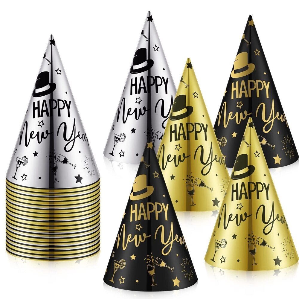 6674 48 Pieces Happy New Years Eve Party Hats Bulk Black Gold Silver Cone
